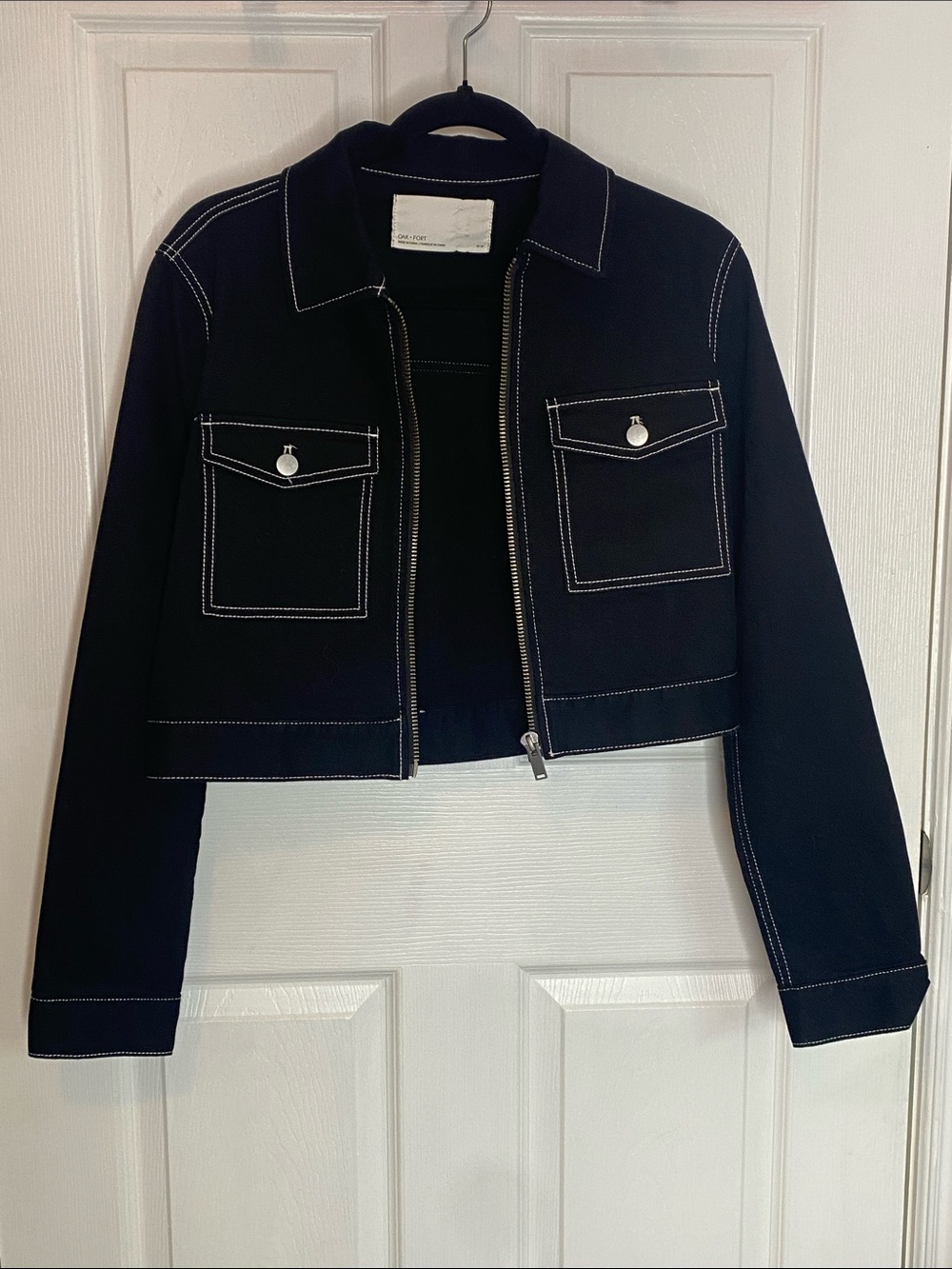 OAK + FORT Black Contrast Stitch Cropped Utility Jacket M Minimalist - Picture 8 of 13